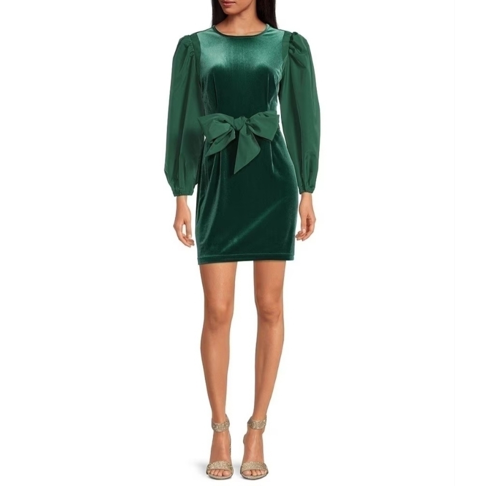 LDT Hannah NWT Stretch Velvet Bow Sash Crew Neck Puff Long Sleeve Dress Size 6